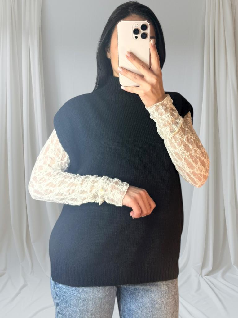 Pull Sans Manches Avec Sous Pull en Dentelle