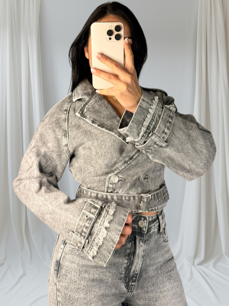 Veste En Jean Ceinture Grise