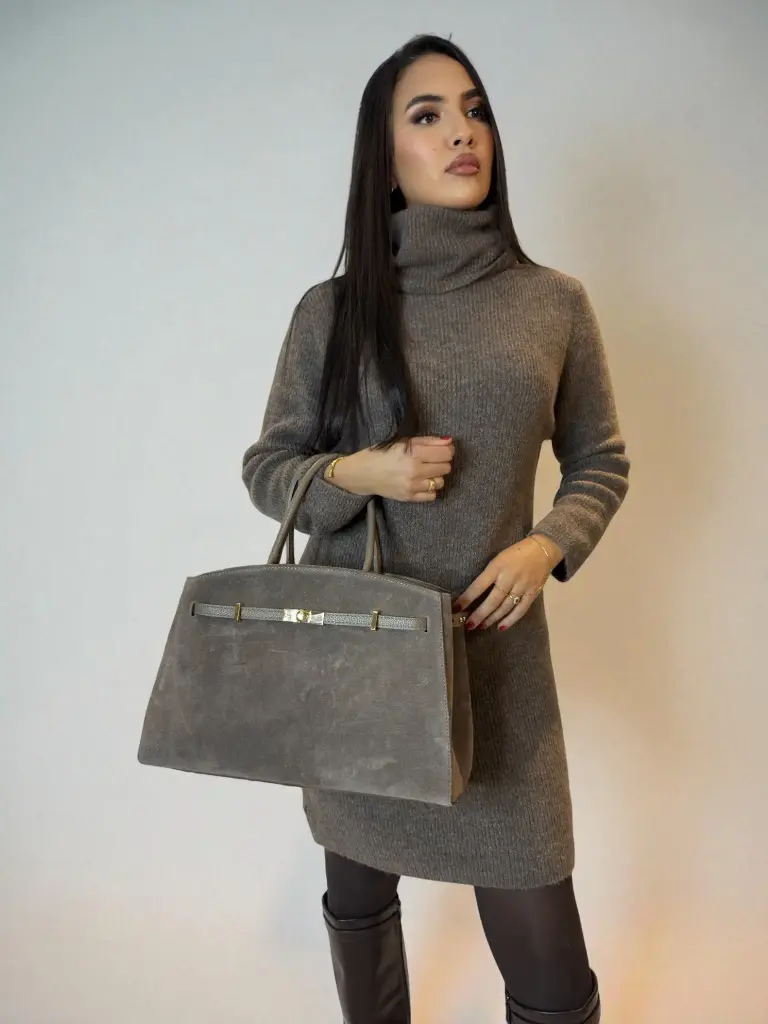 Grand Sac Cabas Double Anse Cuir Daim