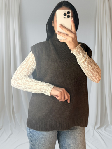 Pull Sans Manches Avec Sous Pull en Dentelle Marron