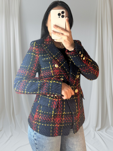 Veste Ajusté à Carreaux et Boutons